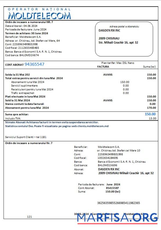 Downloadable Moldova Moldtelecom business utility bill template in Word and PDF formats, fully editable